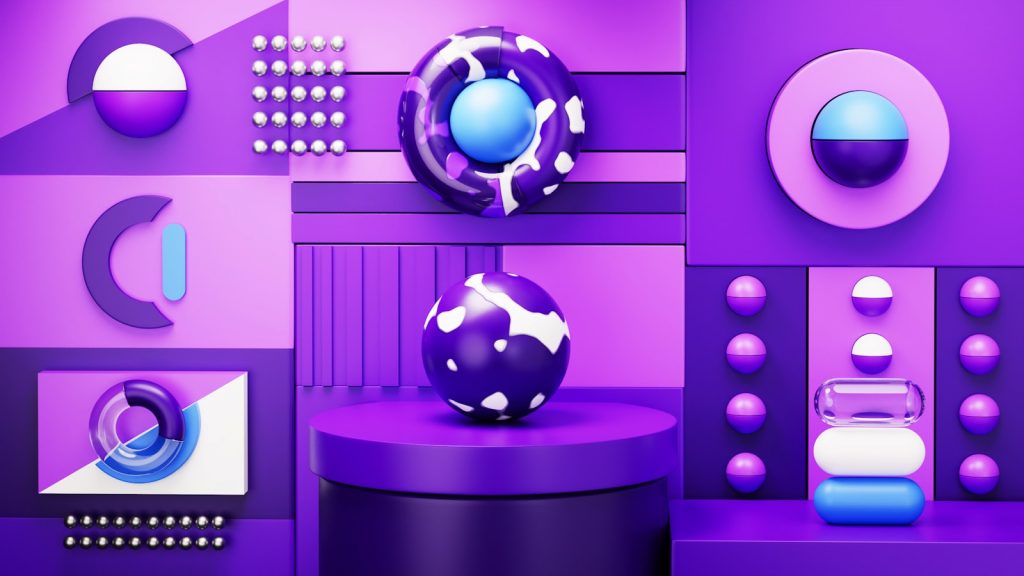 A purple and blue abstract background with circles, balls, and shapes